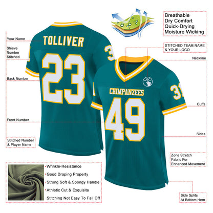 Custom Teal White-Gold Mesh Authentic Throwback Football Jersey