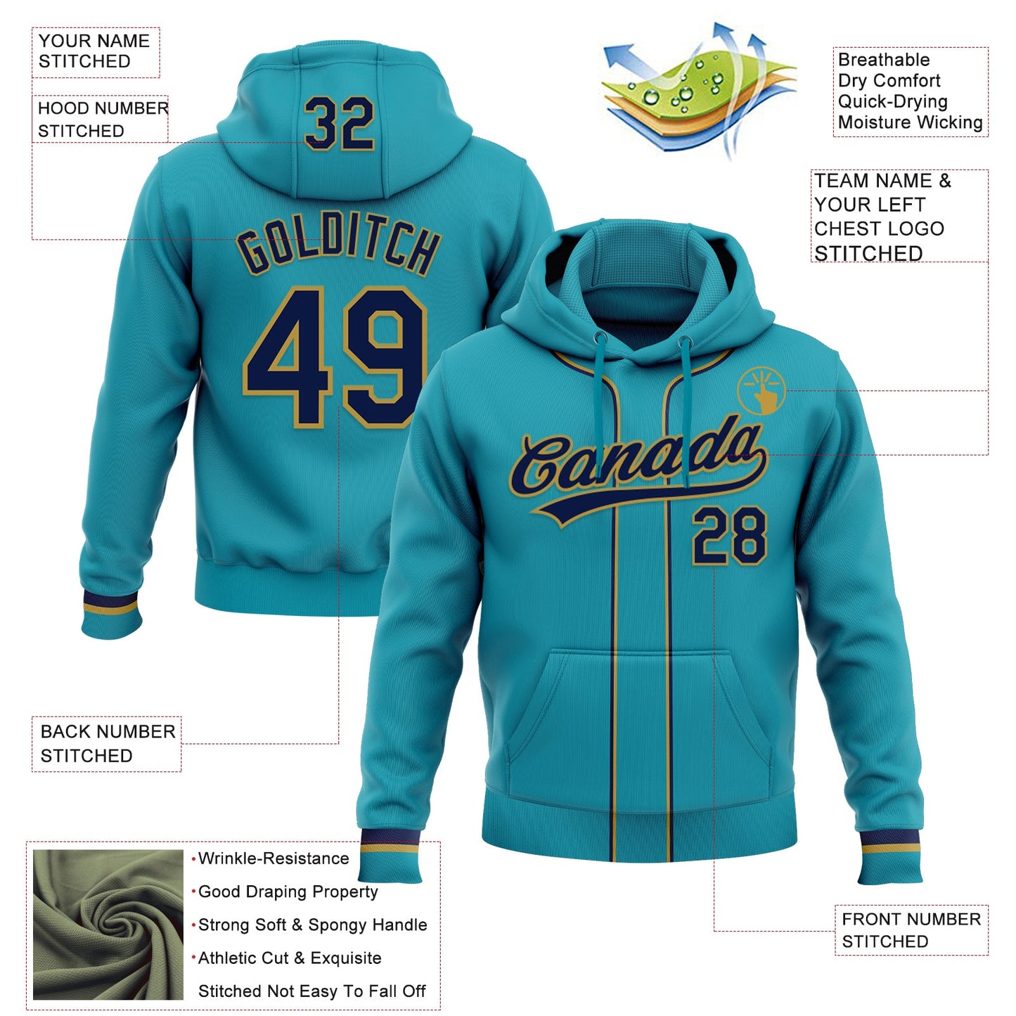 Custom Stitched Teal Navy-Old Gold Baseball Pullover Sweatshirt Hoodie