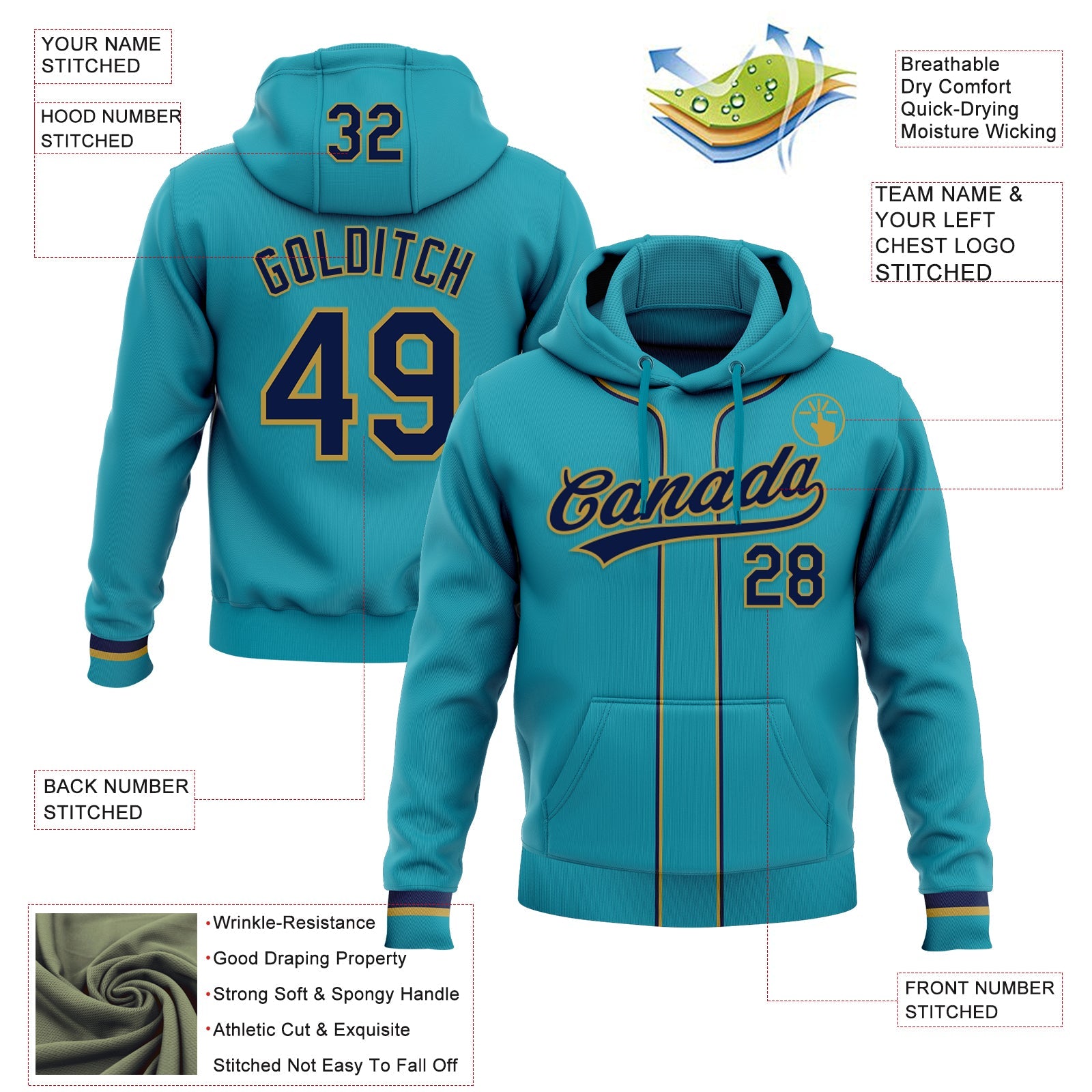 Custom Stitched Teal Navy-Old Gold Baseball Pullover Sweatshirt Hoodie
