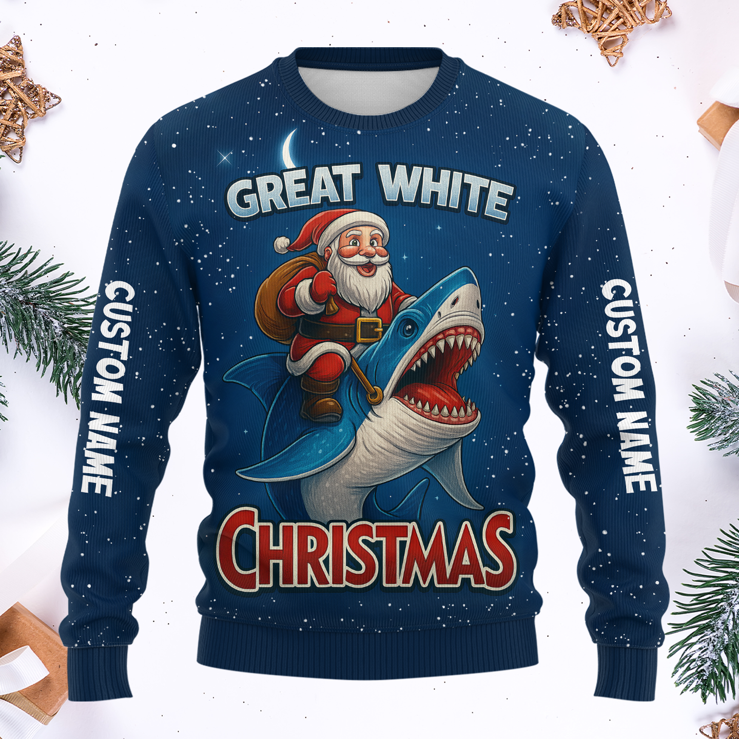 Santa Shark Hoodie – Great White Christmas Zip Up, Funny Holiday Hoodie, Custom Name Blue Ocean Design