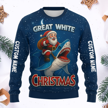 Santa Shark Hoodie – Great White Christmas Zip Up, Funny Holiday Hoodie, Custom Name Blue Ocean Design