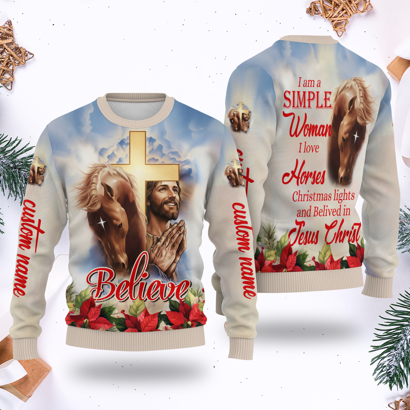 Christian Hoodie – I’m a Simple Woman Who Loves Horses and Jesus, Believe Zip Up, Christmas Faith Apparel