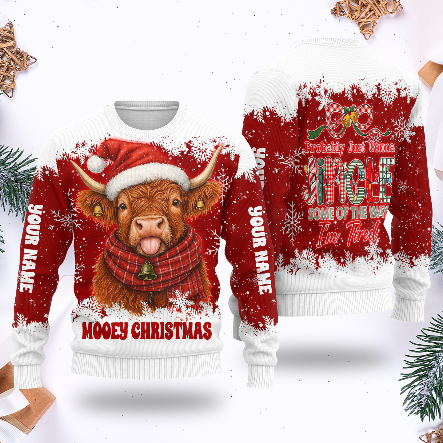 Custom Name Mooey Christmas Hoodie – Funny Highland Cow Zip Up, Red Holiday Hoodie Gift Idea