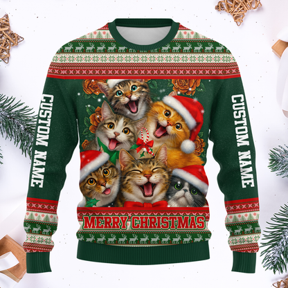 Christmas Cat Hoodie – Cute Cats in Santa Hats, Custom Name Zip Up, Funny Holiday Hoodie