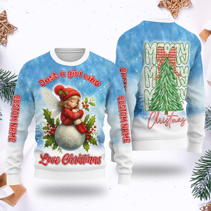 Custom Name Christmas Hoodie – Cute Fairy Snowball Zip Up, Just a Girl Who Loves Christmas Design