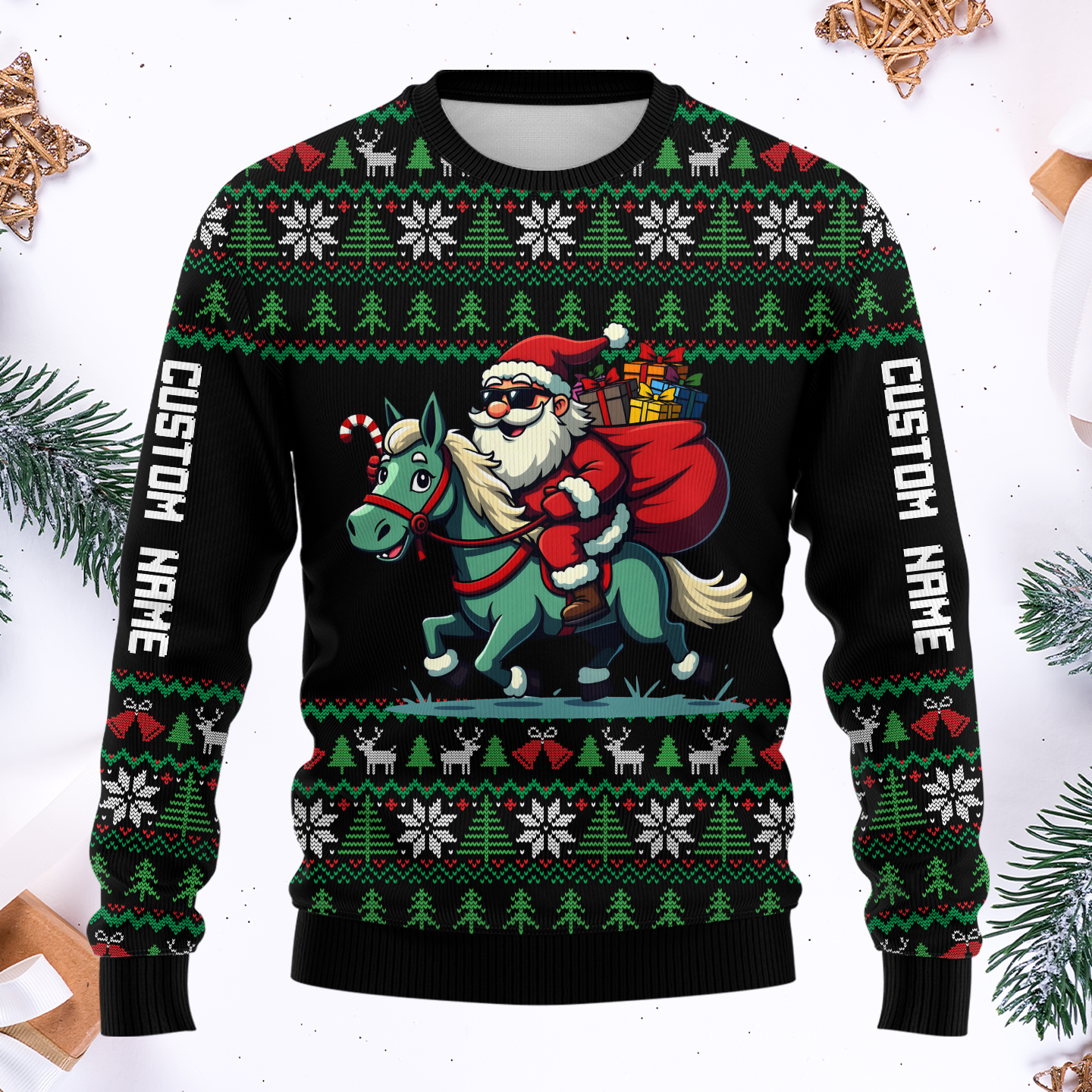 Funny Santa Riding Horse Hoodie – Custom Name Christmas Zip Up, Ugly Sweater Style, Holiday Hoodie for Horse Lovers