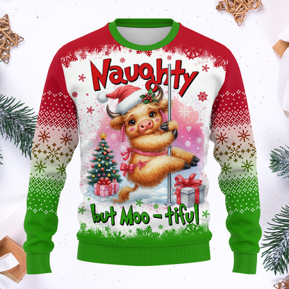 Funny Cow Christmas Hoodie – Naughty but Moo-tiful, Cute Farm Animal Holiday Zip Up Sweater