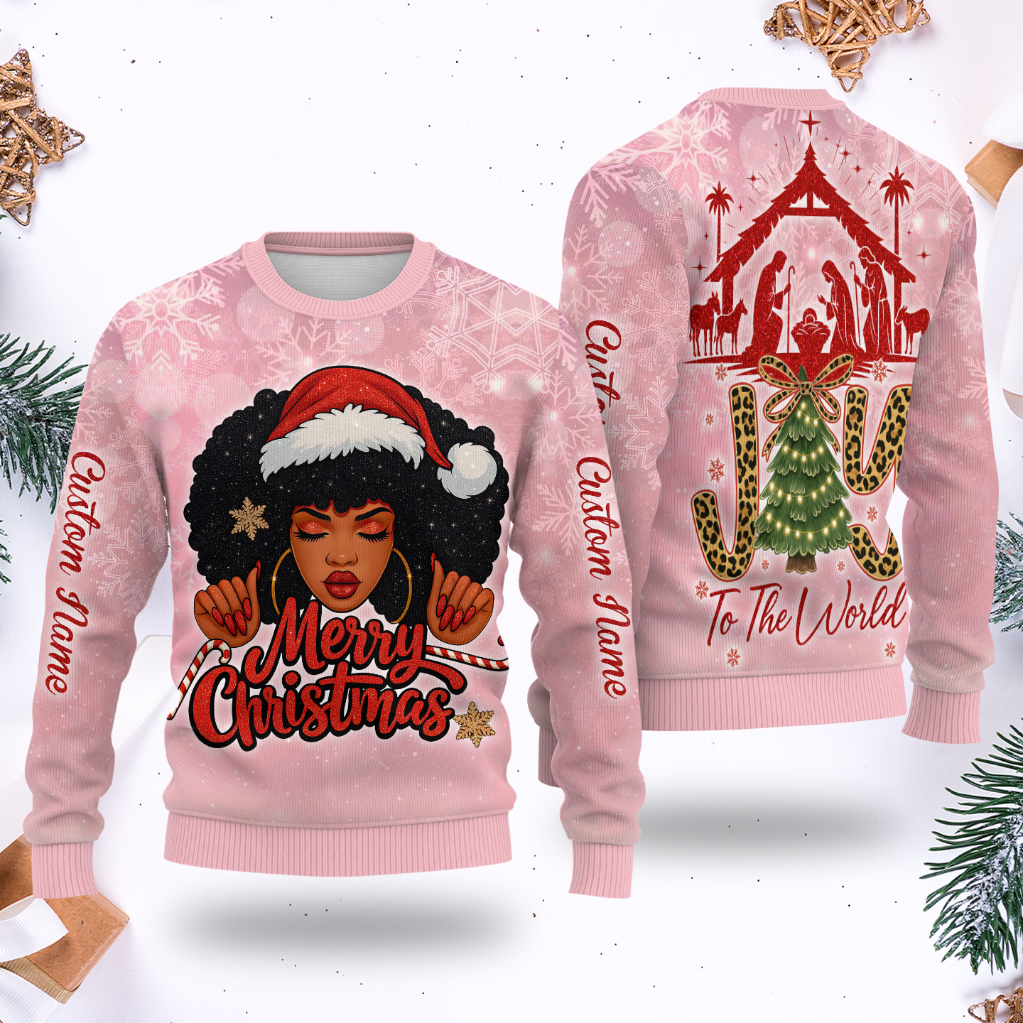 Christian Christmas Hoodie – Joy To The World, Black Girl Santa Zip Up, Custom Name Holiday Hoodie