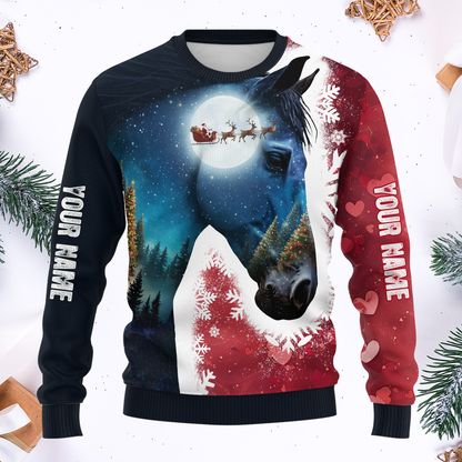 Personalized Horse Christmas Hoodie – Custom Name Zip Up, Winter Moonlight Horse & Santa Sleigh Sweatshirt Gift