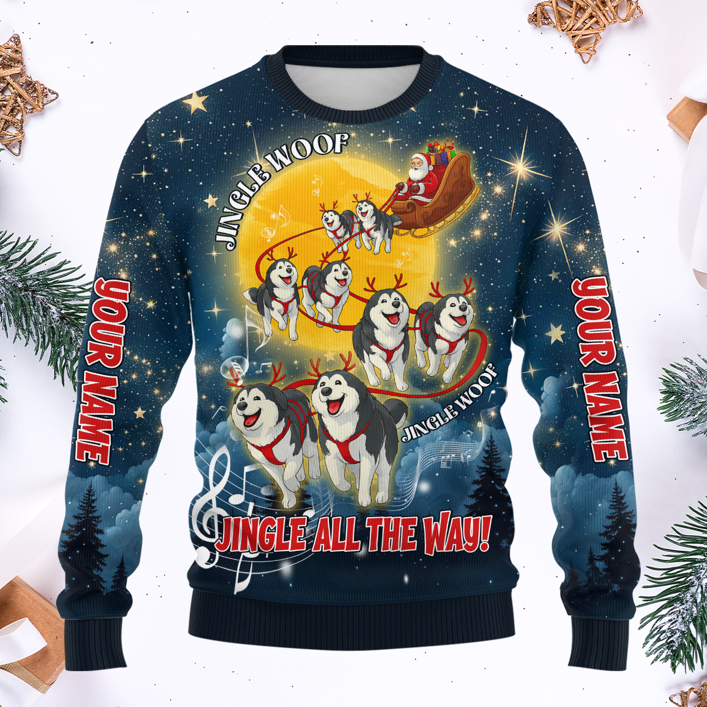 Custom Name Jingle Woof Hoodie – Husky Christmas Zip Up, Funny Santa Dog Hoodie, Holiday Sweatshirt