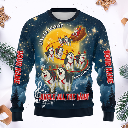 Custom Name Jingle Woof Hoodie – Husky Christmas Zip Up, Funny Santa Dog Hoodie, Holiday Sweatshirt