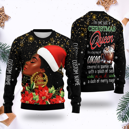 Christmas Queen Hoodie – Black Queen Holiday Zip Up, Sassy Cocoa Quote Hoodie, Custom Name Christmas Gift for Her