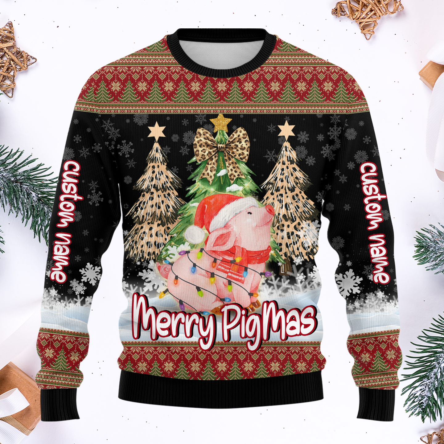 Merry PigMas Hoodie – Cute Pig Christmas Zip Up, Custom Name Funny Holiday Hoodie