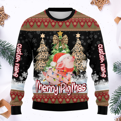 Merry PigMas Hoodie – Cute Pig Christmas Zip Up, Custom Name Funny Holiday Hoodie