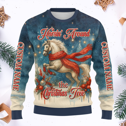 Horsin’ Around the Christmas Tree Hoodie – Funny Horse Lover Holiday Zip Up