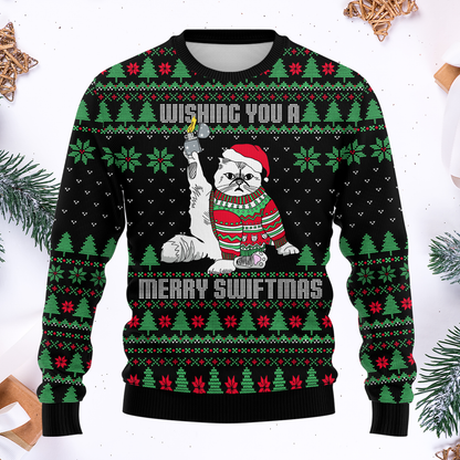 Funny Cat Christmas Hoodie – Wishing You a Merry Swiftmas, Ugly Sweater Style Zip Up, Holiday Hoodie for Cat Lovers