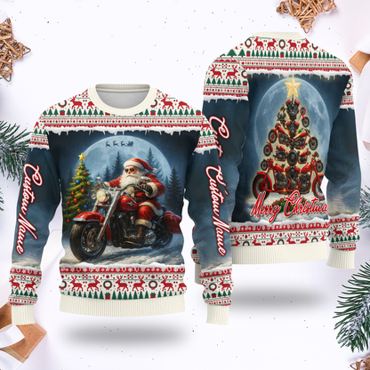 Santa Biker Christmas Hoodie – Custom Name Motorcycle Xmas Zip Up
