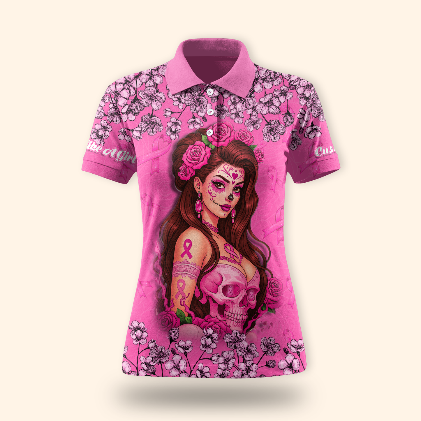 Fight Like A Girl Skull Floral - Breast Cancer Awareness Shirt