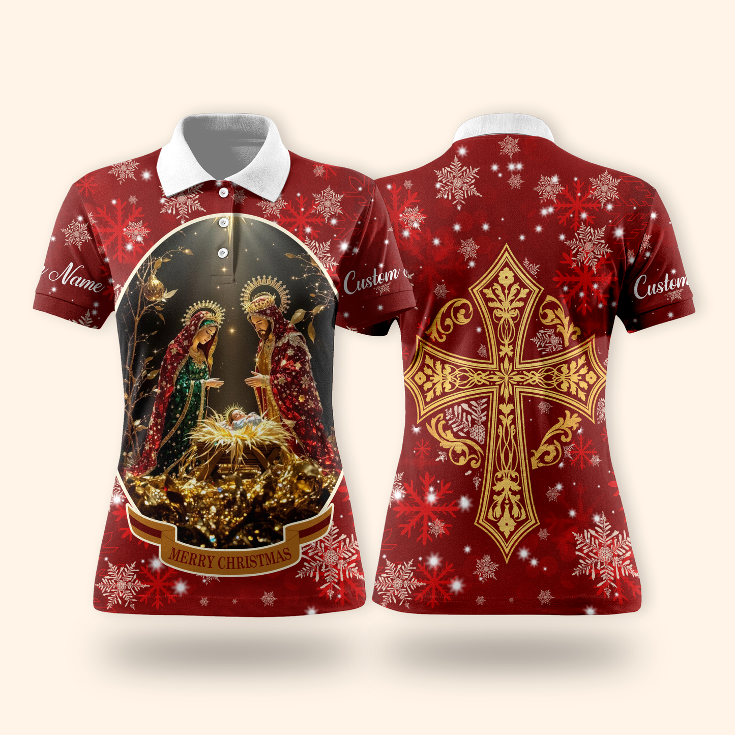 Christian Christmas Hoodie – Nativity Scene and Gold Cross Design, Personalized Faith Gift