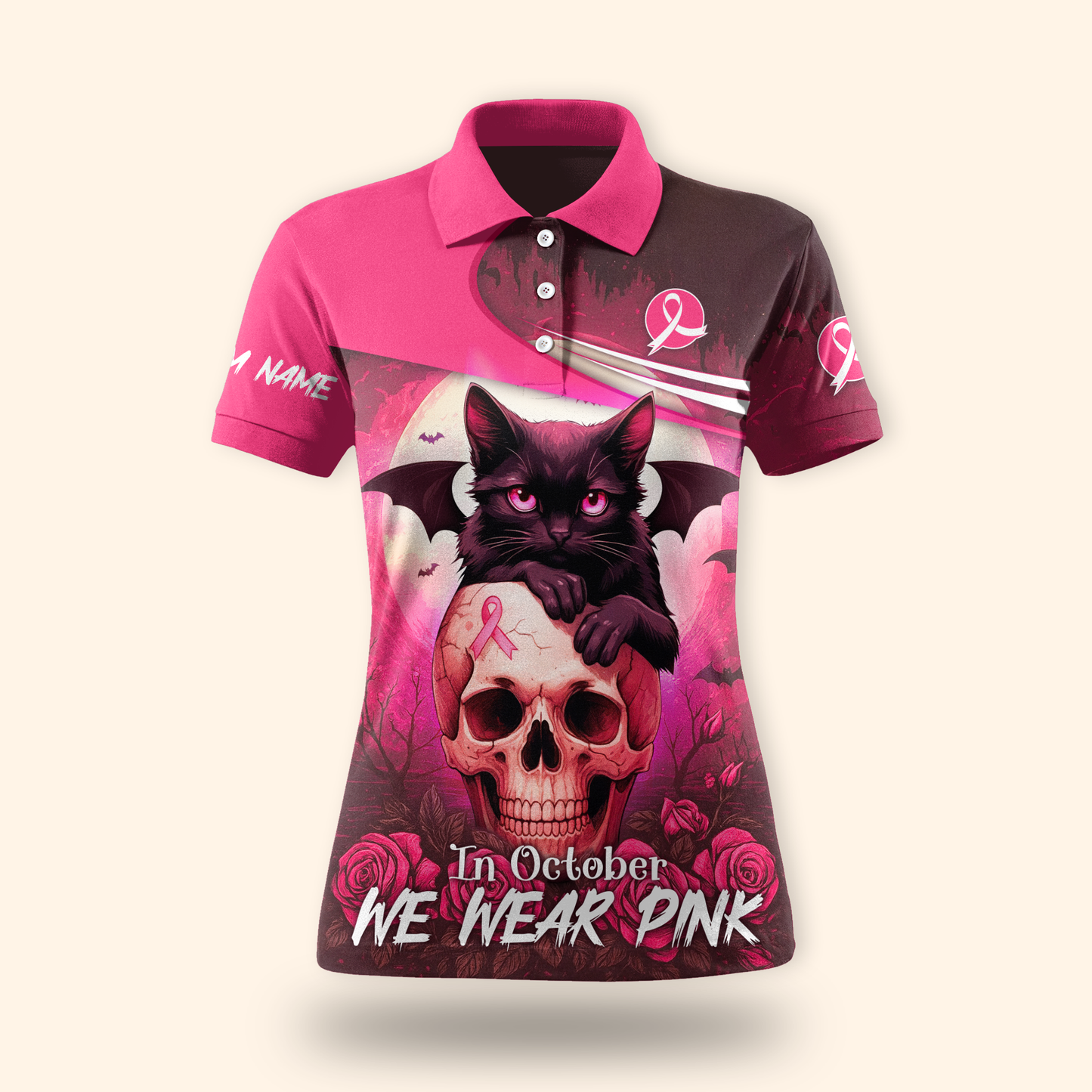 Custom Name "In October We Wear Pink" Black Cat Skull - Breast Cancer Awareness Shirt