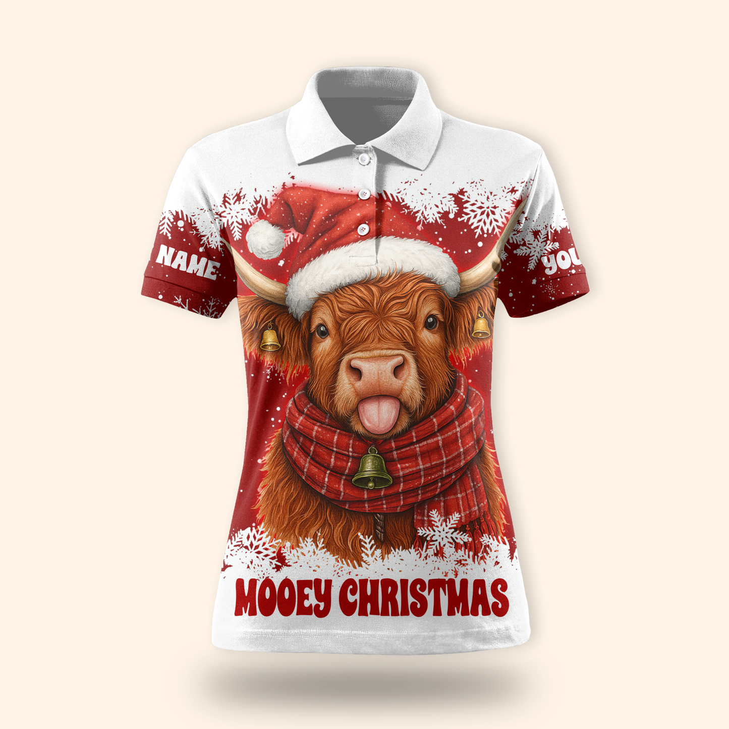 Custom Name Mooey Christmas Hoodie – Funny Highland Cow Zip Up, Red Holiday Hoodie Gift Idea