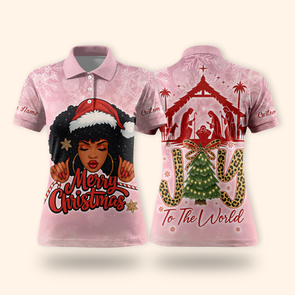 Christian Christmas Hoodie – Joy To The World, Black Girl Santa Zip Up, Custom Name Holiday Hoodie