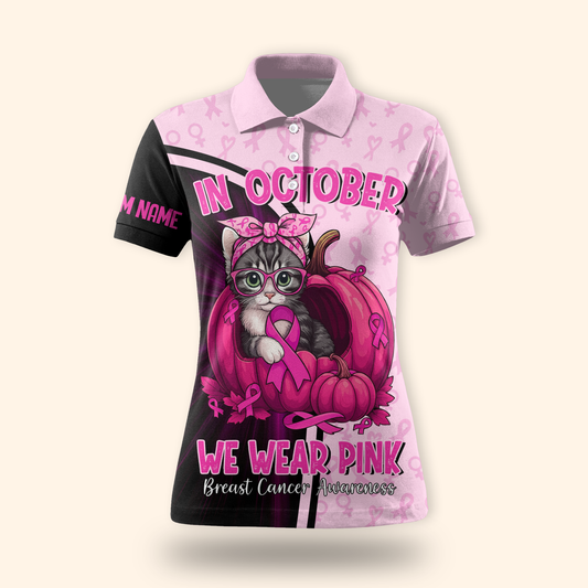 Personalized "In October We Wear Pink" Cat Pumpkin Breast Cancer Awareness, Custom Choo