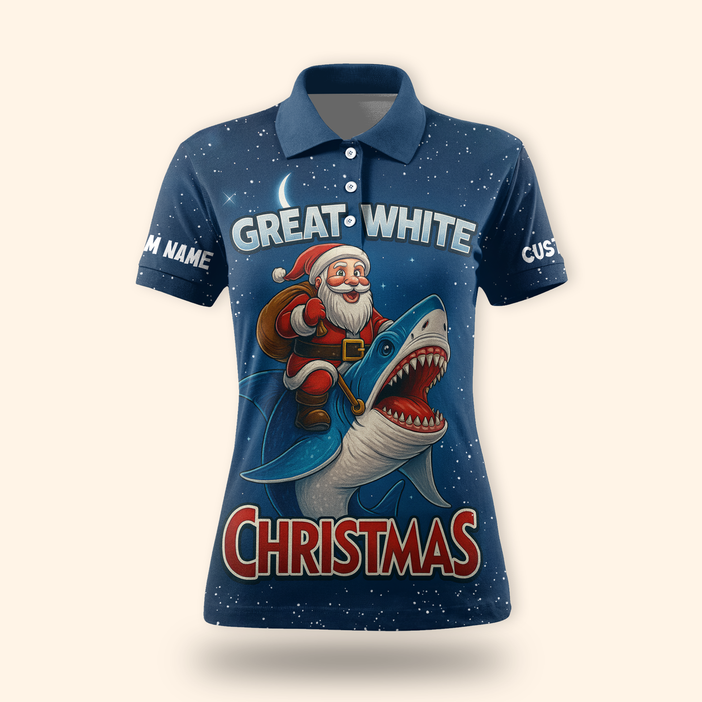 Santa Shark Hoodie – Great White Christmas Zip Up, Funny Holiday Hoodie, Custom Name Blue Ocean Design