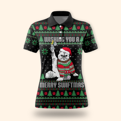 Funny Cat Christmas Hoodie – Wishing You a Merry Swiftmas, Ugly Sweater Style Zip Up, Holiday Hoodie for Cat Lovers