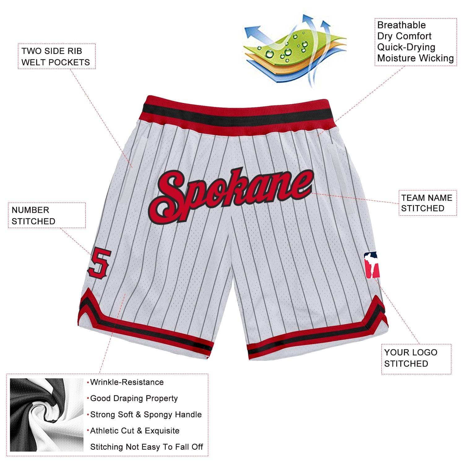 Custom White Black Pinstripe Red-Black Authentic Basketball Shorts