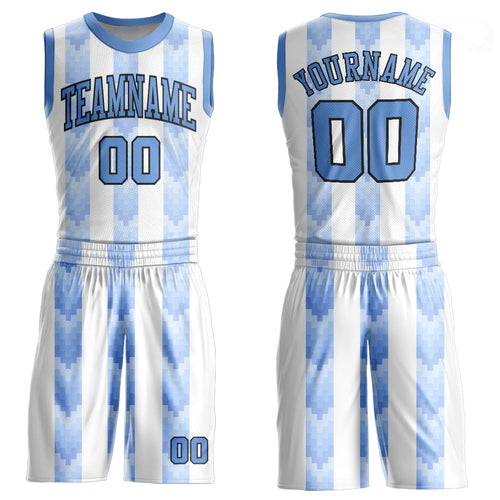Custom White Light Blue-Black Round Neck Sublimation Basketball Uniform Jersey