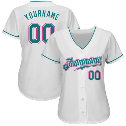 Custom White Teal-Pink Authentic Baseball Jersey