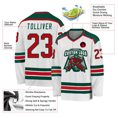 Custom White Red-Green Hockey Jersey