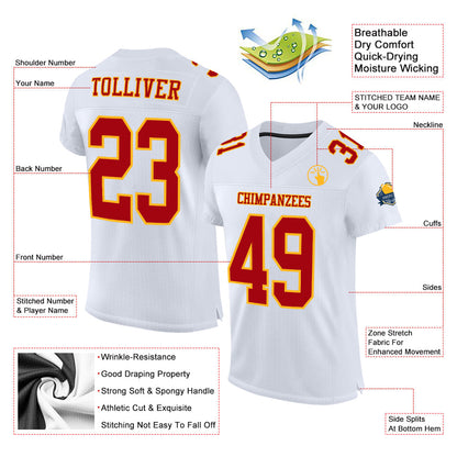 Custom White Red-Gold Mesh Authentic Football Jersey