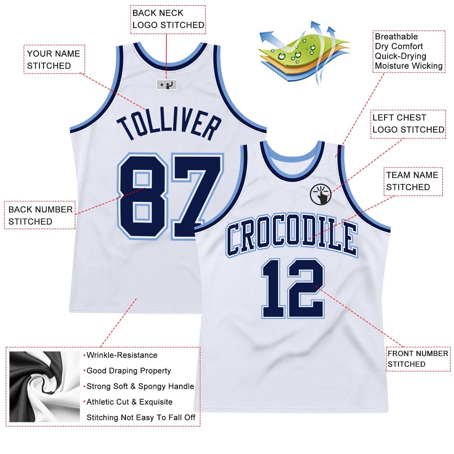 Custom White Navy-Light Blue Authentic Throwback Basketball Jersey