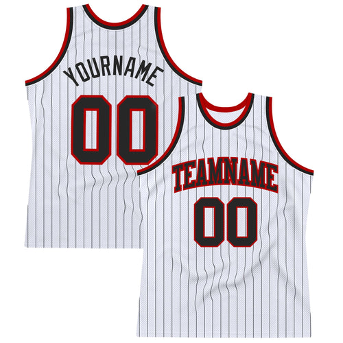 Custom White Black Pinstripe Black-Red Authentic Basketball Jersey