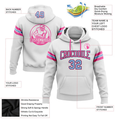 Custom Stitched White Light Blue Black-Pink Football Pullover Sweatshirt Hoodie
