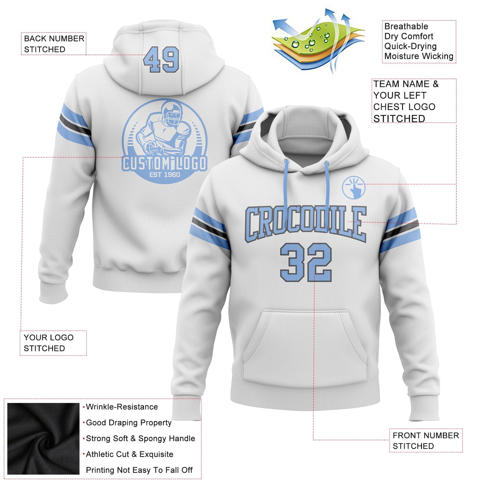 Custom Stitched White Light Blue-Steel Gray Football Pullover Sweatshirt Hoodie