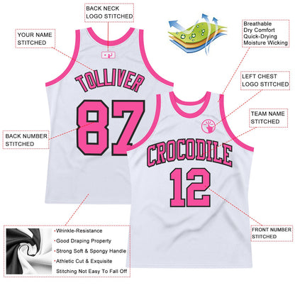 Custom White Pink-Black Authentic Throwback Basketball Jersey