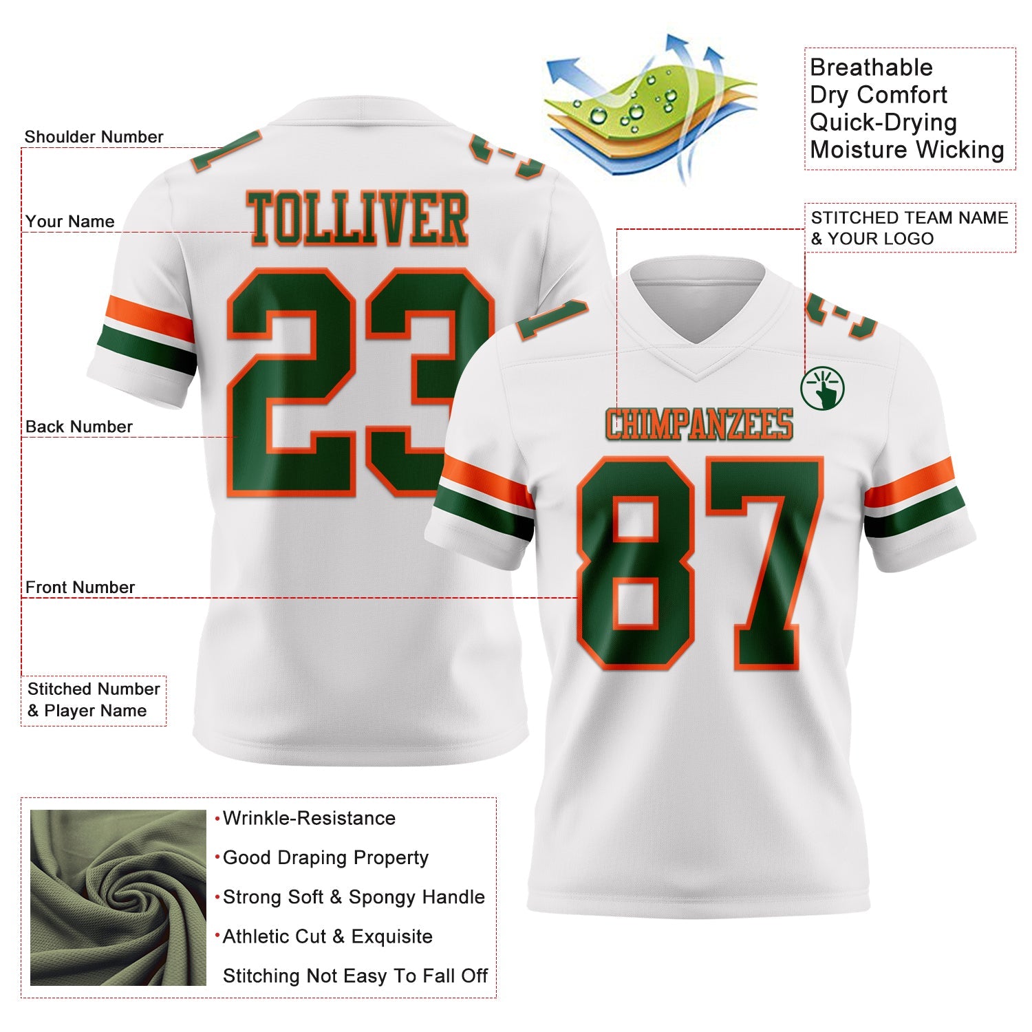 Custom White Green-Orange Authentic Football Jersey