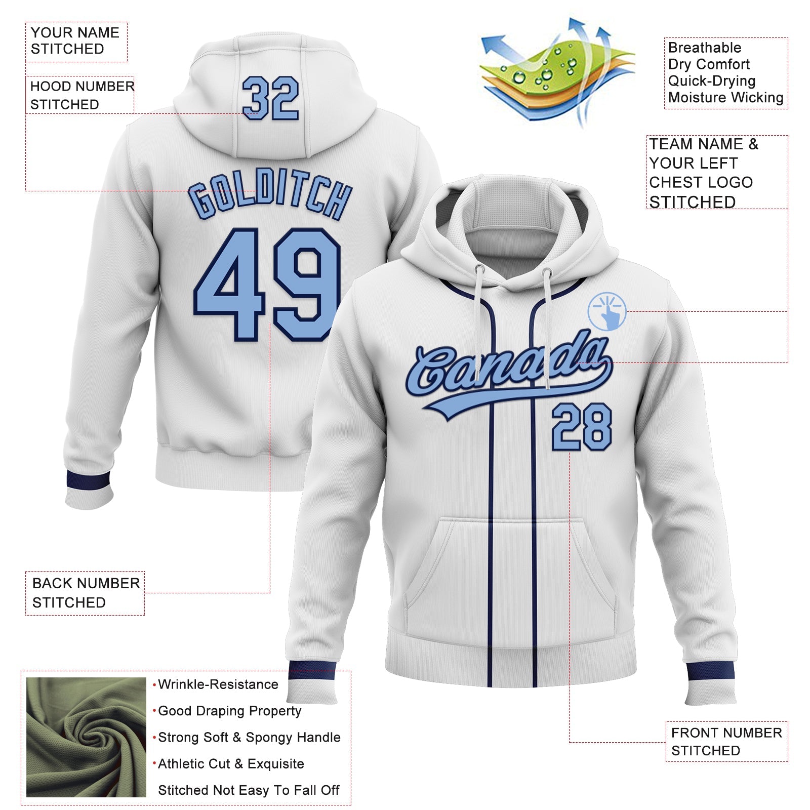 Custom Stitched White Light Blue-Navy Baseball Pullover Sweatshirt Hoodie
