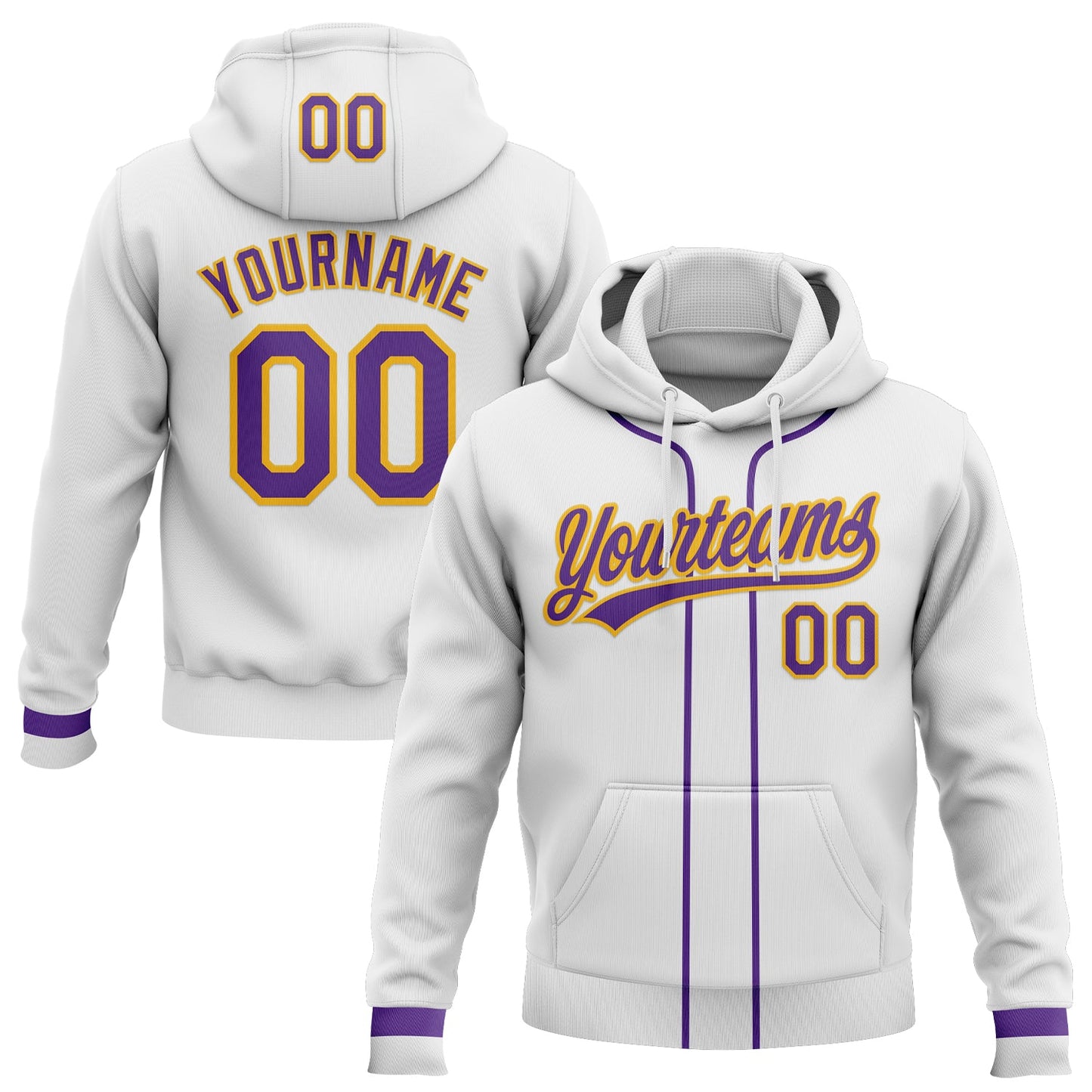 Custom Stitched White Purple-Gold Baseball Pullover Sweatshirt Hoodie