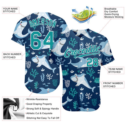 Custom Teal Teal-White 3D Pattern Design Sharks Authentic Baseball Jersey