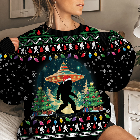 Believe Bigfoot Santa Hat UFO Christmas Ugly Christmas Sweater