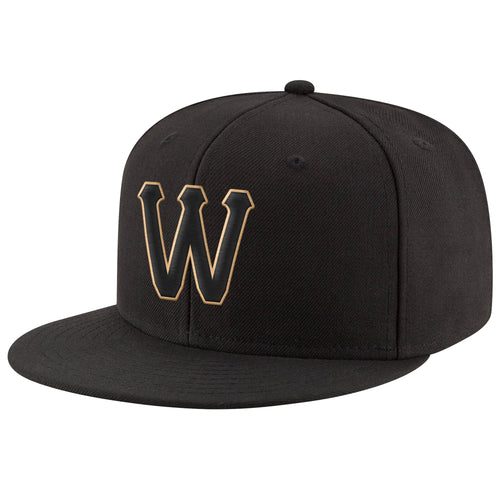 Custom Black Black-Old Gold Stitched Adjustable Snapback Hat