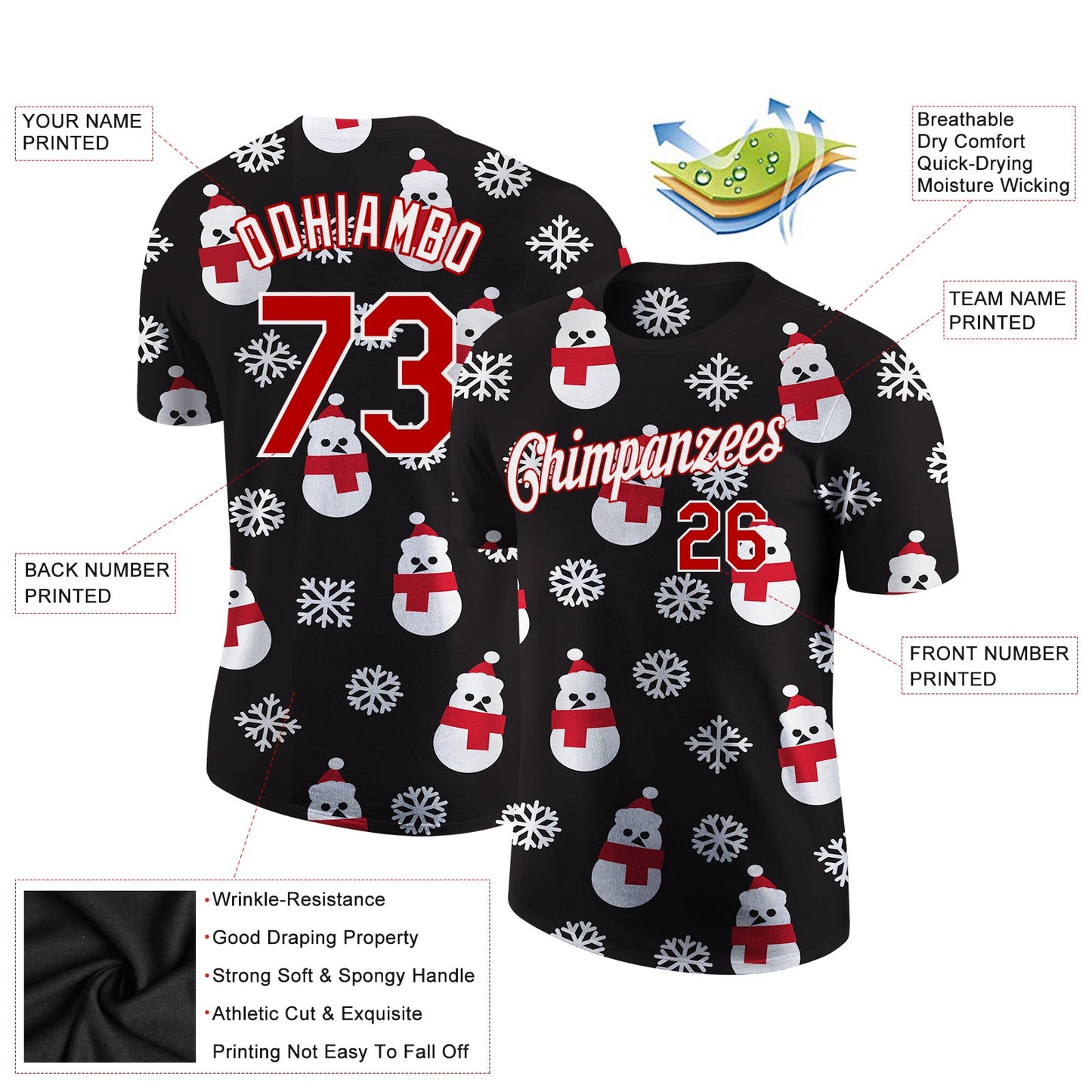 Custom Black Red-White Christmas 3D Performance T-Shirt