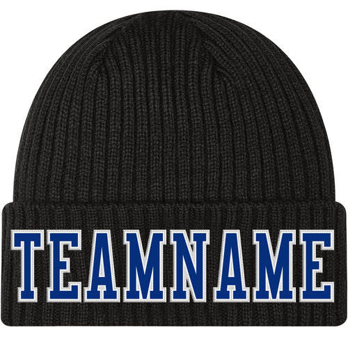 Custom Black Royal-White Stitched Cuffed Knit Hat