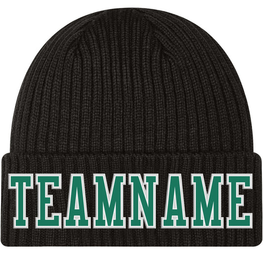 Custom Black Kelly Green-White Stitched Cuffed Knit Hat
