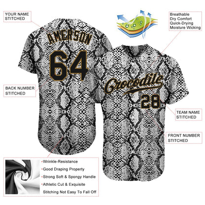 Custom Black Snakeskin Black-Old Gold 3D Pattern Design Authentic Baseball Jersey