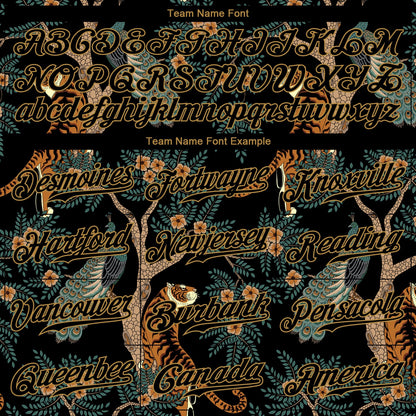 Custom Black Black-Old Gold 3D Pattern Design Tiger And Peacock Authentic Baseball Jersey